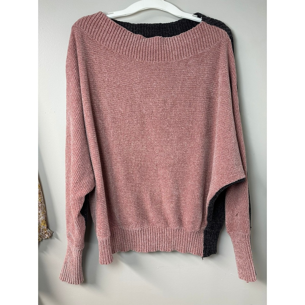 Umgee |Pink/Charcoal Chenille Color Block Dolman Sleeve Sweater | Size M